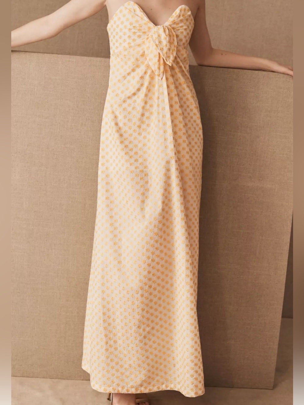 Strapless Yellow Floral Tie-Front Maxi Dress